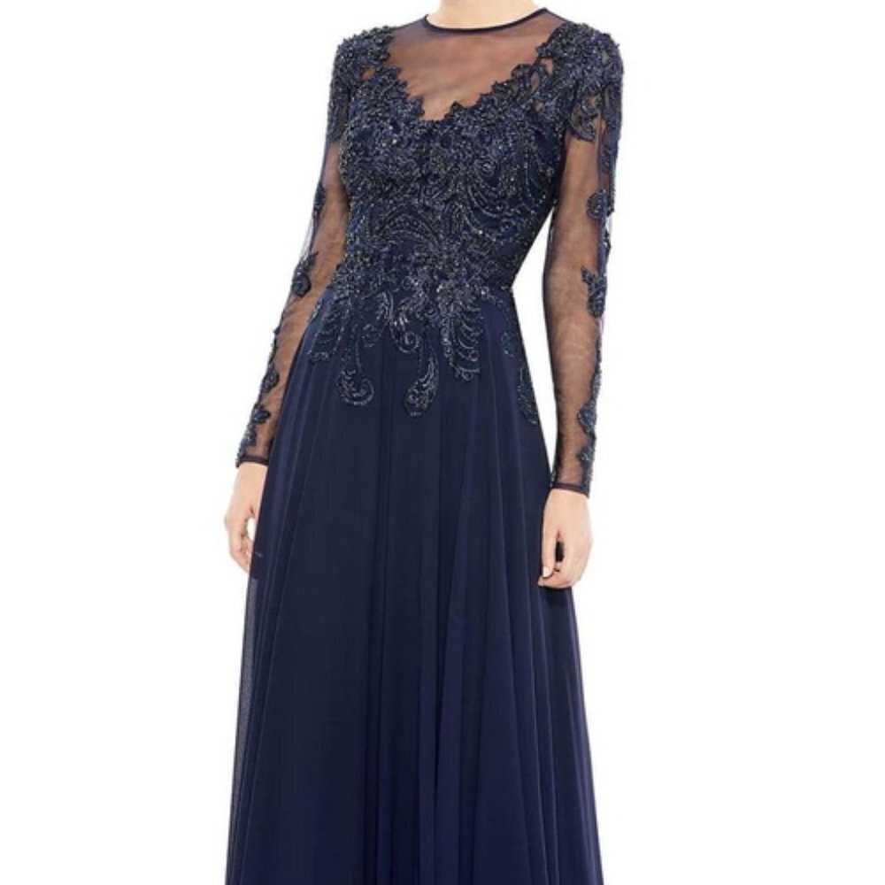 Mac Duggal Midnight Blue Beaded Illusion Lace Long Sleeve A-Line Gown
